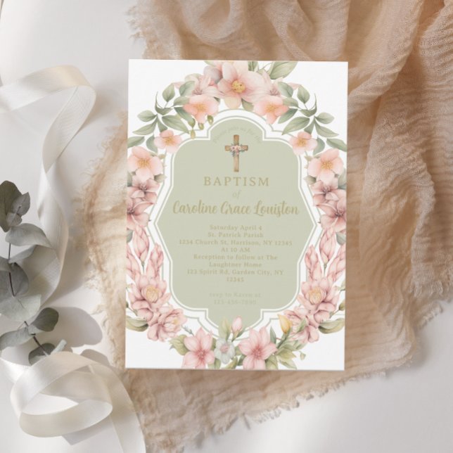 Beautiful Pink Flower Catholic Baptism Invitation (Creator Uploaded)