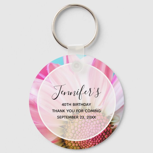 Beautiful Pink Flower Close Up Photo Birthday Keychain (Front)