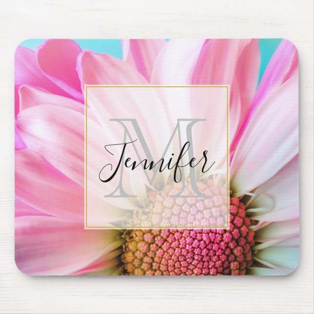 Beautiful Pink Flower Close Up Photo Monogram Mouse Pad (Front)