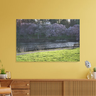 Beautiful Pink Flowered Trees by Pond, NJ 36"x24" Canvas Print