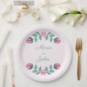 beautiful pink flowers & green leaves paper plate