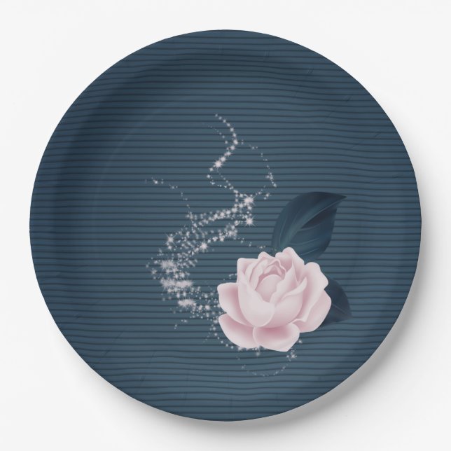 Beautiful pink flowers & navy leaves paper plate (Front)