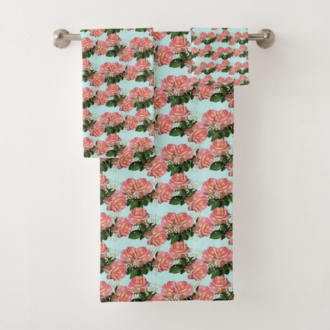 Beautiful Pink Flowers on Light Blue Bath Towel Set (Insitu)