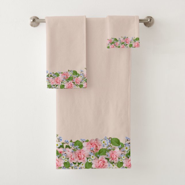 Beautiful Pink Flowers on Light Sand Beige Bath Towel Set (Insitu)