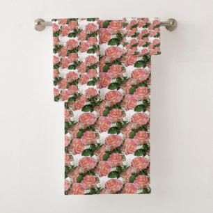 Beautiful Pink Flowers on White Bath Towel Set