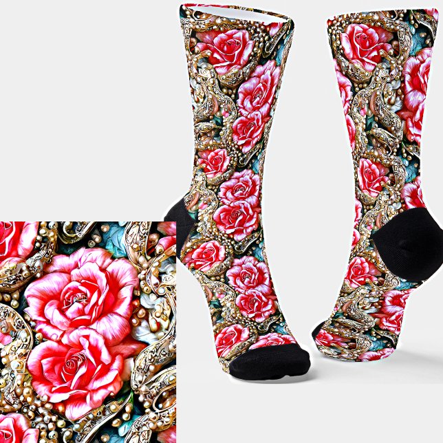 Beautiful Pink Flowers & Pearls Metallic Graphic Socks (Creator Uploaded)