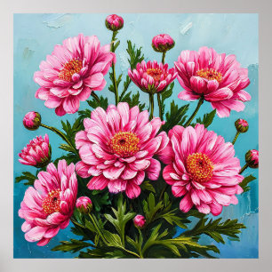 Beautiful Pink Flowers With Green Leaves Poster