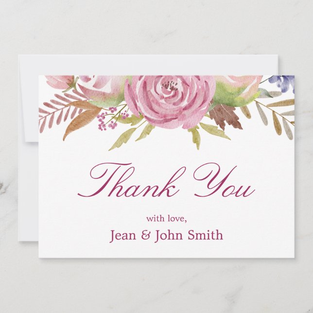 Beautiful Pink Flowers With Leaves  Thank You Card (Front)