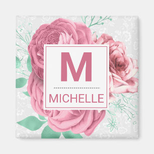 Beautiful Pink Garden Roses Monogram Magnet