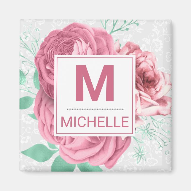Beautiful Pink Garden Roses Monogram Magnet (Front)
