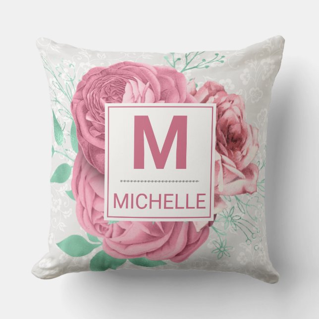 Beautiful Pink Garden Roses Monogram Throw Pillow (Front)