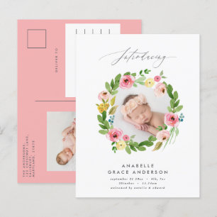 beautiful pink girly floral botanical script photo announcement postcard