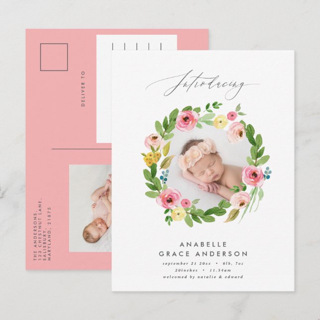 beautiful pink girly floral botanical script photo announcement postcard (Front/Back)