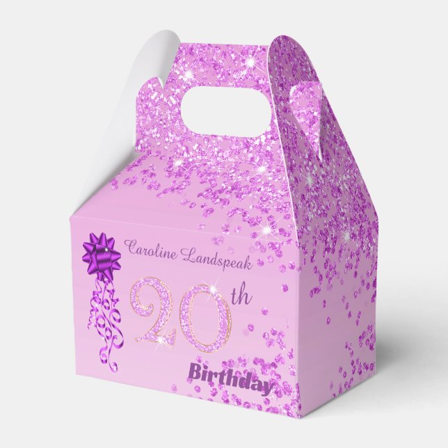 Beautiful Pink Glitter & Ribbon 20th Birthday  Favor Box (Front Side)