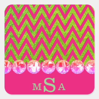 Beautiful Pink Green Chevron Bling Glitter Elegant Square Sticker