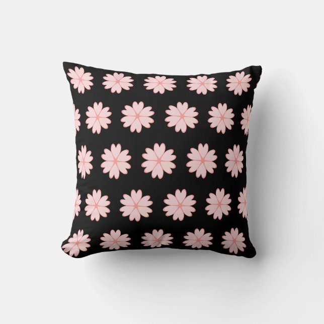 Beautiful Pink Heart Flower Pattern on Black Throw Pillow (Front)