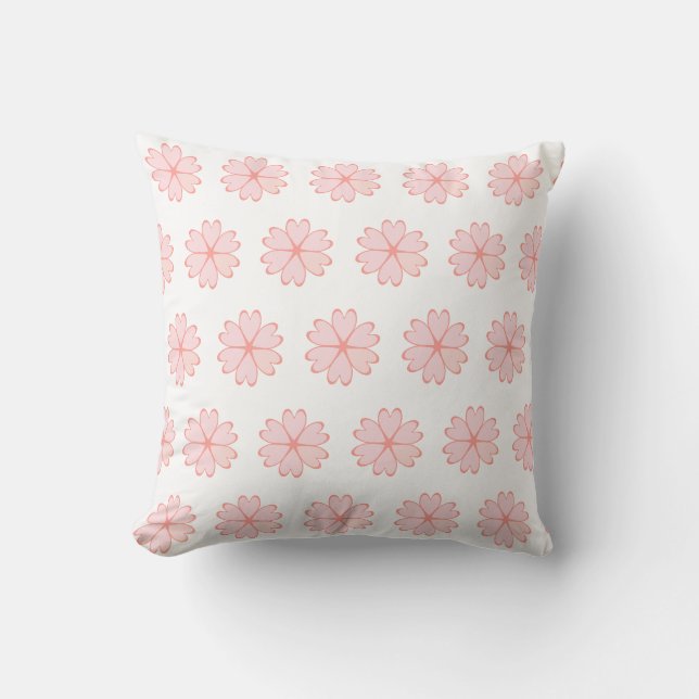 Beautiful Pink Heart Flower Pattern on White Throw Pillow (Front)