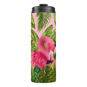 Beautiful Pink Heron With Tropical Leaves Thermal Tumbler
