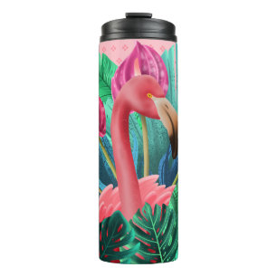 Beautiful Pink Heron With Tropical Leaves Thermal Tumbler