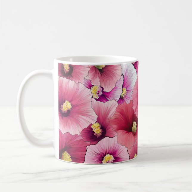 Beautiful Pink Hollyhock Blooming Coffee Mug (Left)
