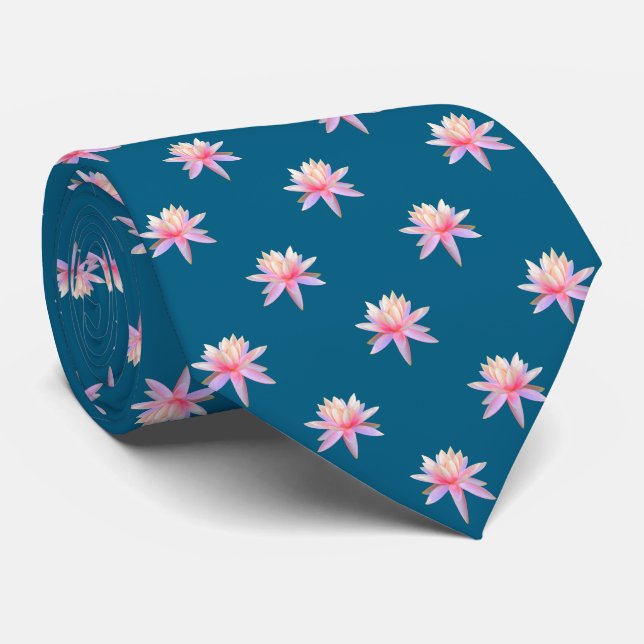 Beautiful Pink Lily Lotus Flower Pattern on Blue Tie (Rolled)