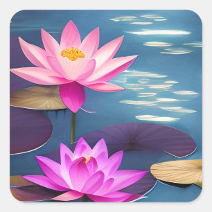 Beautiful Pink Lotus Flowers in the Moonlight Square Sticker