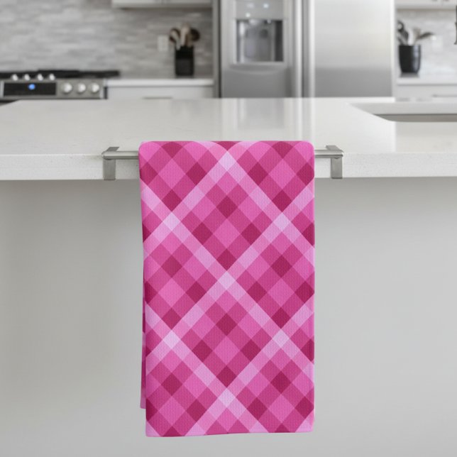 Beautiful Pink Magenta Plaid Kitchen Towel (Beautiful Pink Plaid Kitchen Towel on a rack in a kitchen.)