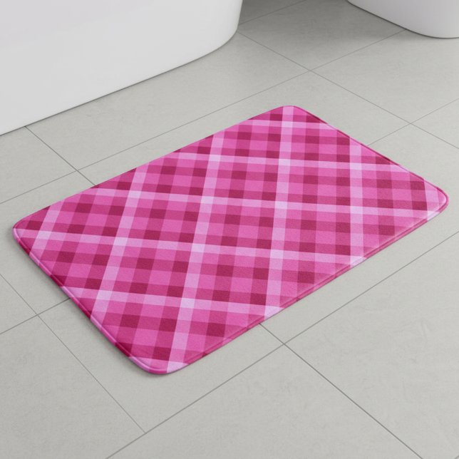 Beautiful Pink Magenta Plaid Large Bath Mat (Beautiful Pink Magenta Plaid Large Bath Mat laying on a floor in a bathroom.)