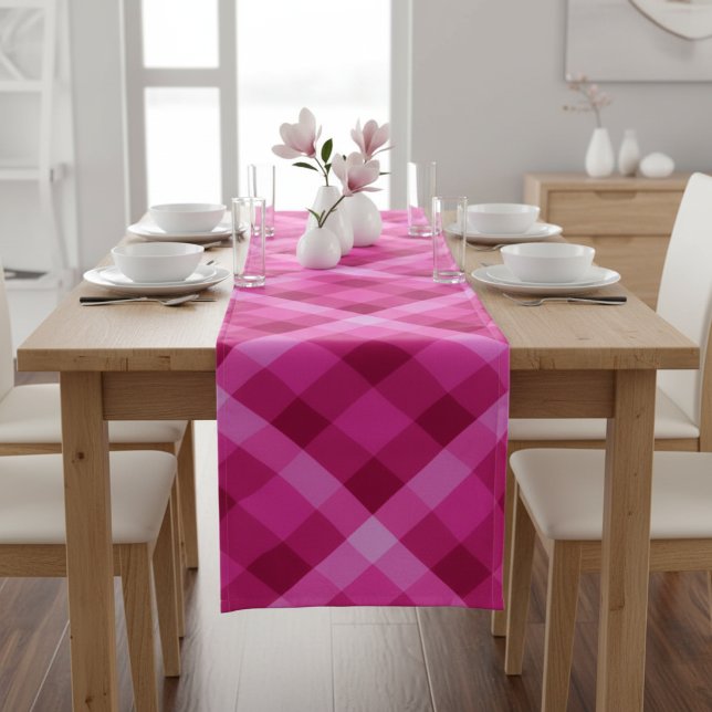 Beautiful Pink Magenta Plaid Medium Table Runner (Beautiful Pink Magenta Plaid Medium Table Runner on a dining room table.)