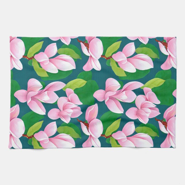 Beautiful Pink Magnolia Flowers Kitchen Towel (Horizontal)