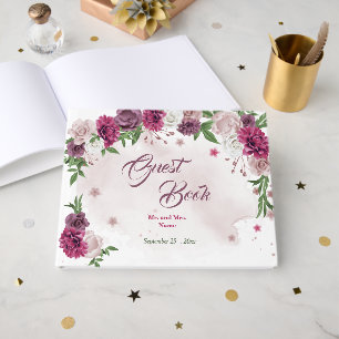 beautiful pink mauve burgundy flowers greenery guest book