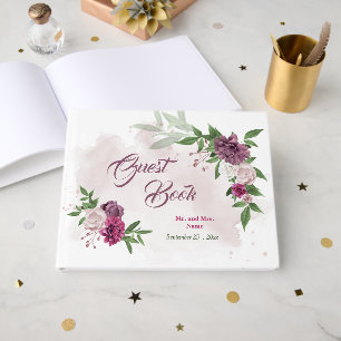 beautiful pink mauve burgundy flowers greenery  guest book