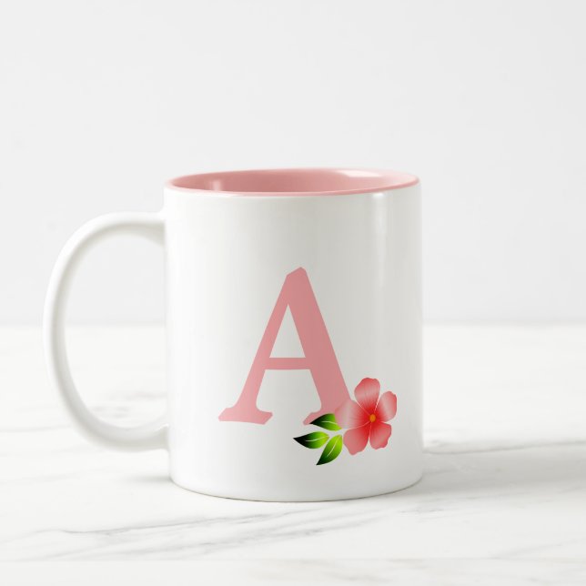 Beautiful pink monogram with flower on white Two-Tone coffee mug (Left)