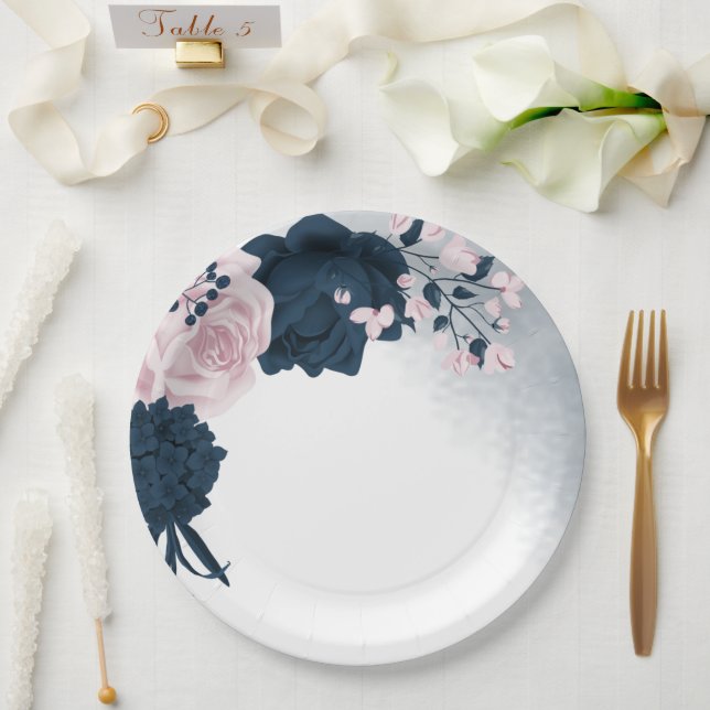 Beautiful pink & navy flowers paper plate (Wedding)