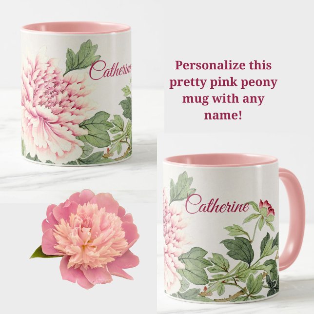 Beautiful Pink Peony Romantic Floral Custom Name Mug (A personalized name mug with a pretty pink peony floral design! Very elegant!)