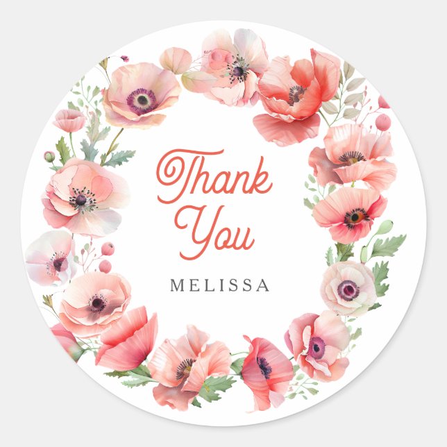 Beautiful Pink Poppy Thank You Classic Round Sticker (Front)