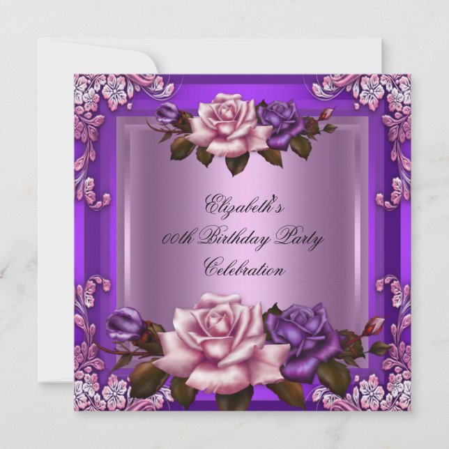Beautiful Pink Purple Roses Elegant Birthday Party Invitation (Front)