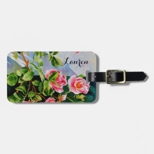 Beautiful pink, red roses, watercolor floral luggage tag