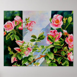 Beautiful pink, red roses, watercolor floral poster