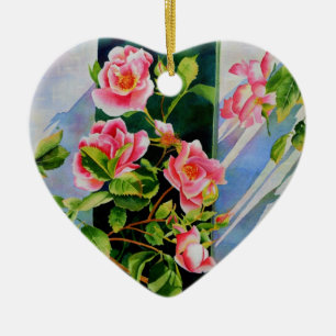 Beautiful  pink red white roses watercolor floral ceramic ornament