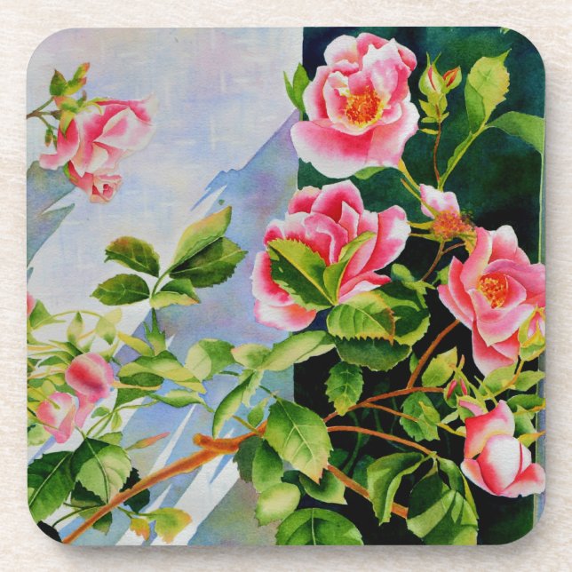 Beautiful  pink red white roses watercolor floral coaster (Front)
