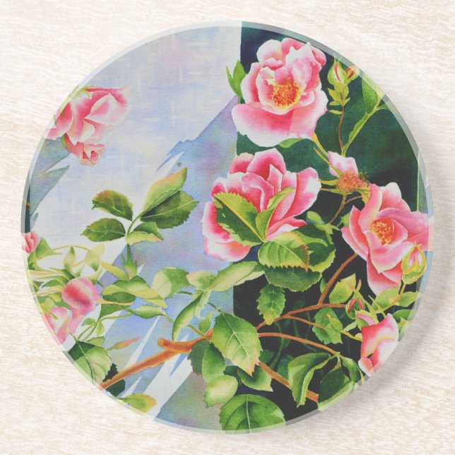 Beautiful  pink red white roses watercolor floral coaster (Front)