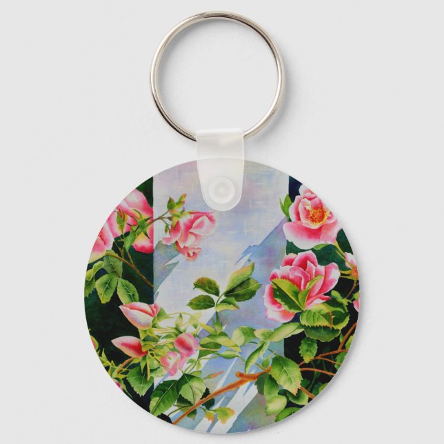 Beautiful  pink red white roses watercolor floral keychain (Front)