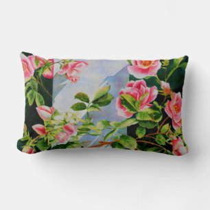 Beautiful pink red white roses watercolor floral lumbar pillow