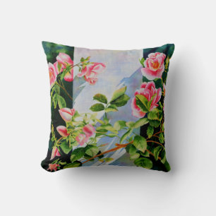 Beautiful pink red white roses watercolor floral throw pillow