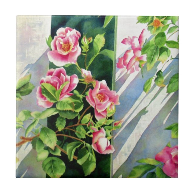 Beautiful  pink red white roses watercolor floral tile (Front)