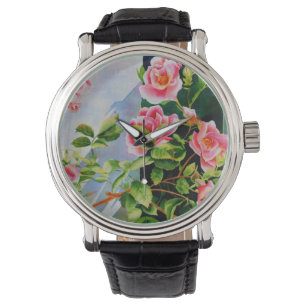 Beautiful pink red white roses watercolor floral watch