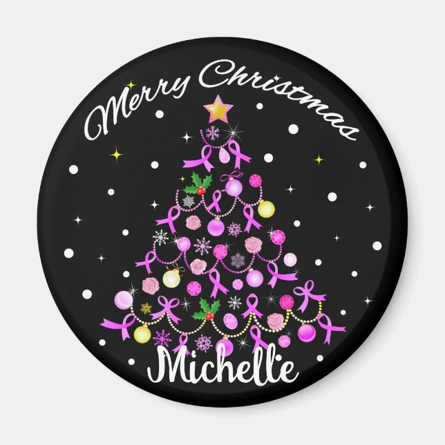 Beautiful Pink Ribbon Christmas Tree Magnet (Front)