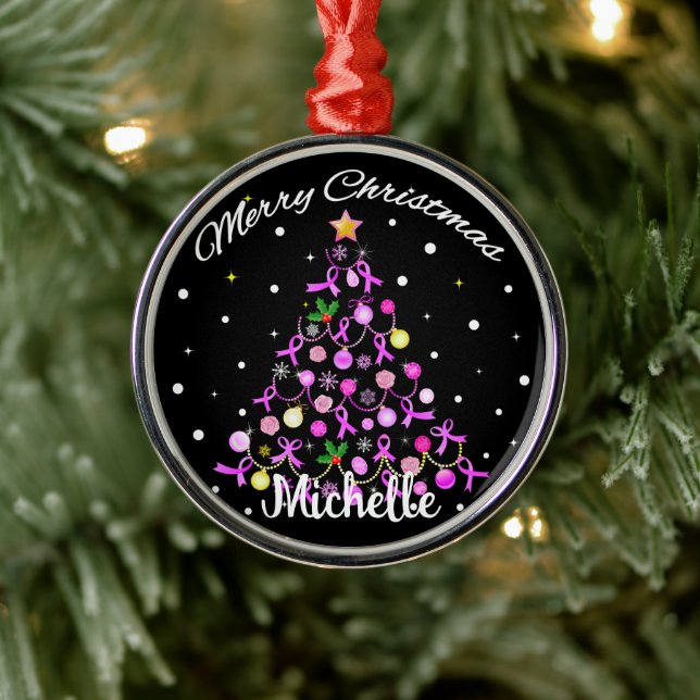 Beautiful Pink Ribbon Christmas Tree Metal Ornament (Tree)