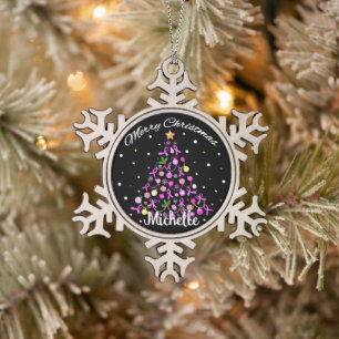 Beautiful Pink Ribbon Christmas Tree Snowflake Pewter Christmas Ornament